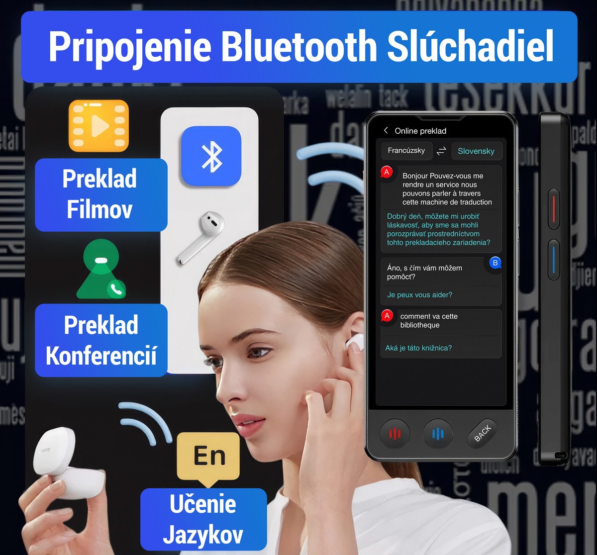 elektronický překladač hlasový s připojením bluetooth sluchátek